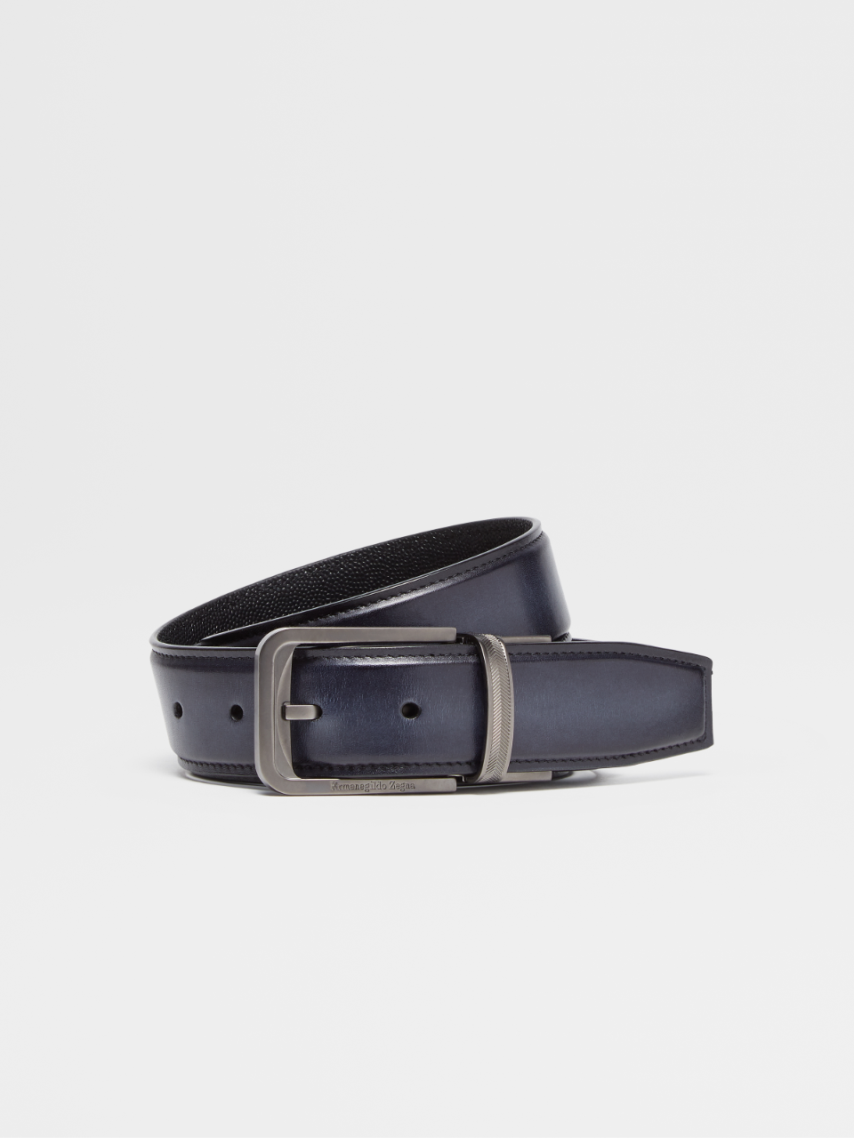 Blue Hand-buffed Leather and Black Grained Leather Reversible Belt